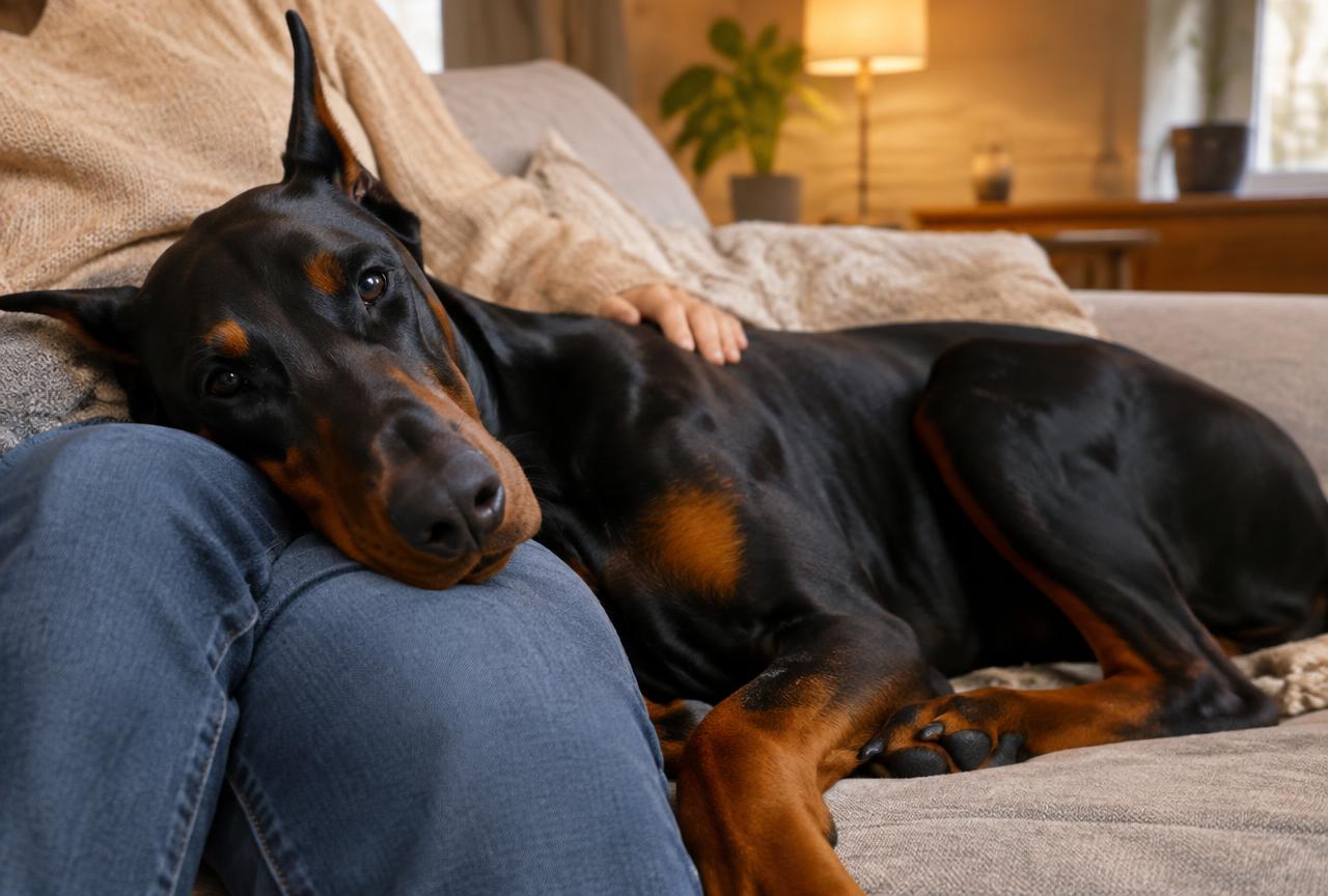 A Dobermann resting beside its owner on a sofa