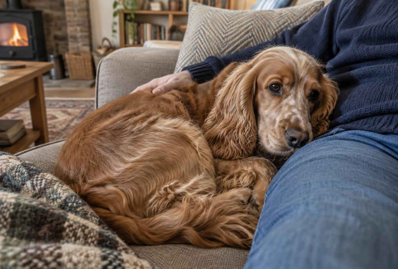 An English Cocker Spaniel curled up affectionately beside its owner.