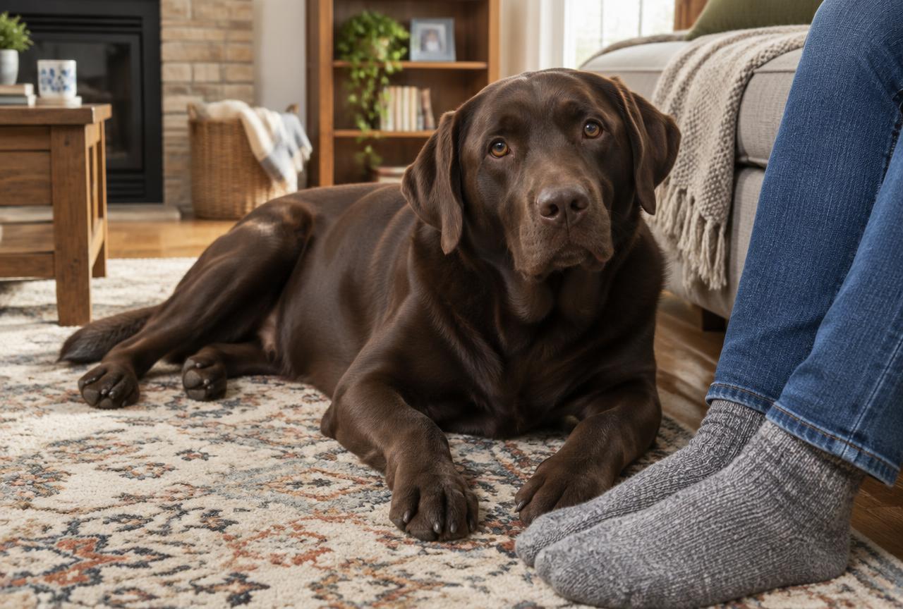 A Labrador resting contentedly on a sofa beside its owner.