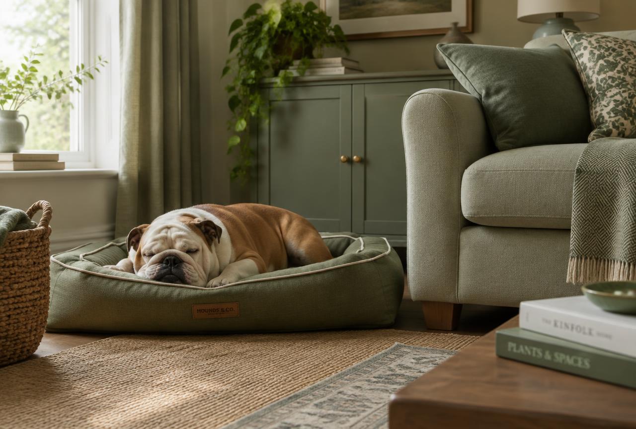 A Bulldog lying calmly on a sofa indoors