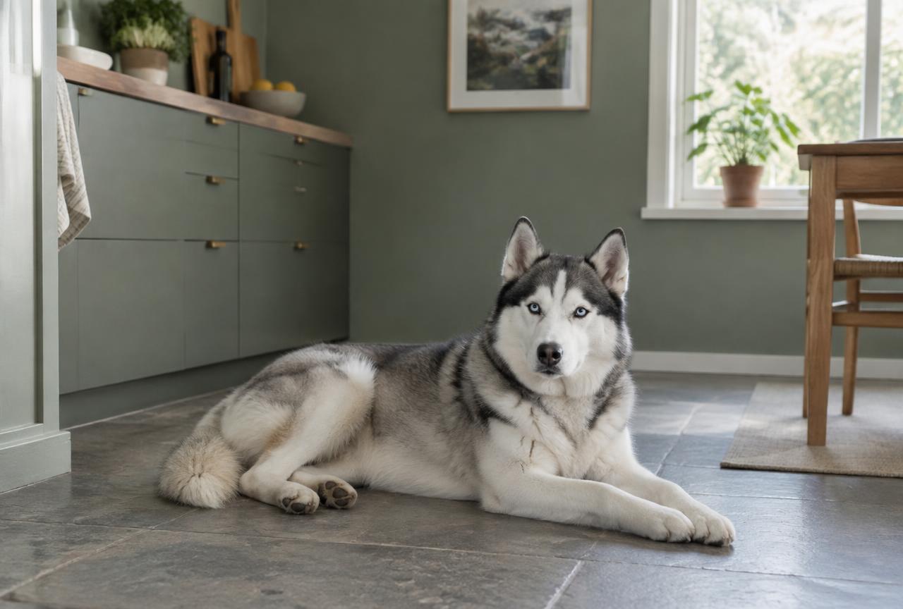 A Siberian Husky lying on a cool floor indoors