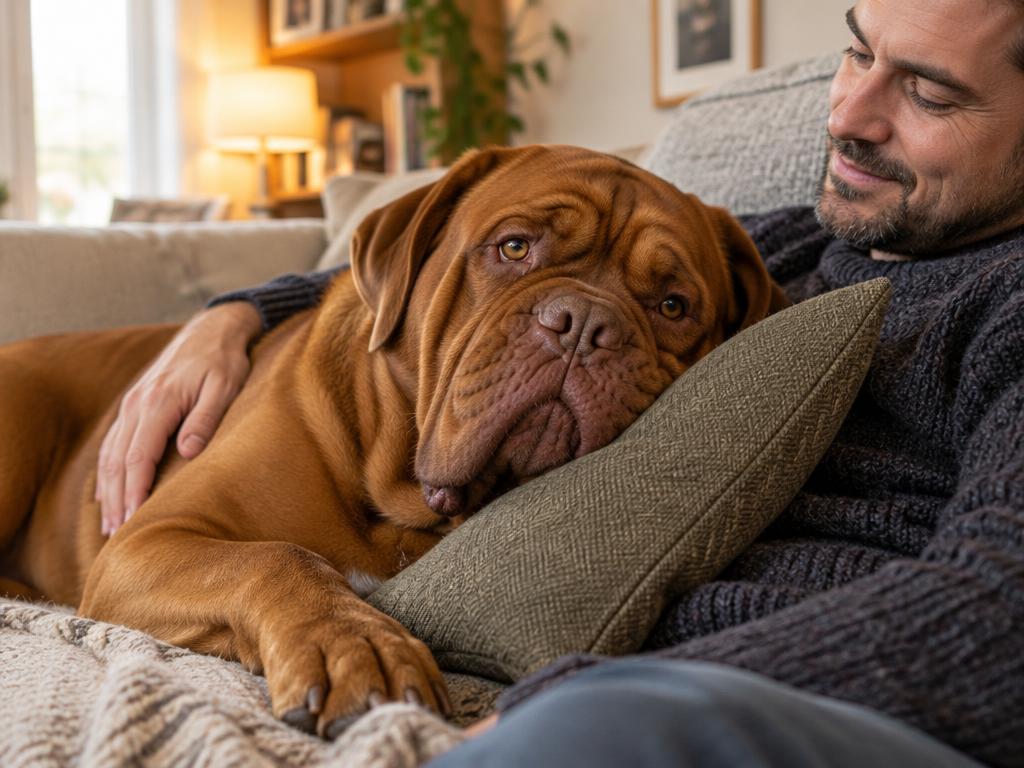 A Dogue de Bordeaux lying on a sofa beside its owner.