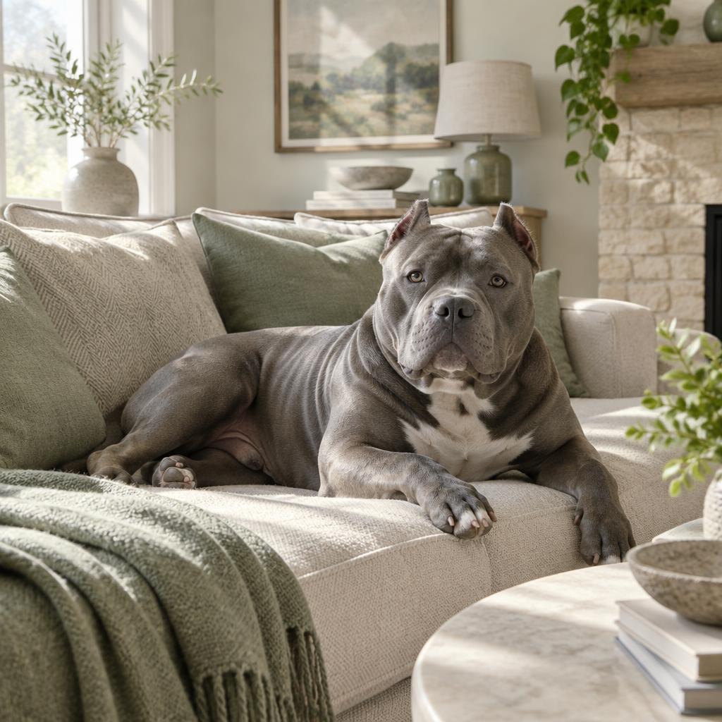 An American Bully resting its head on its owner's lap