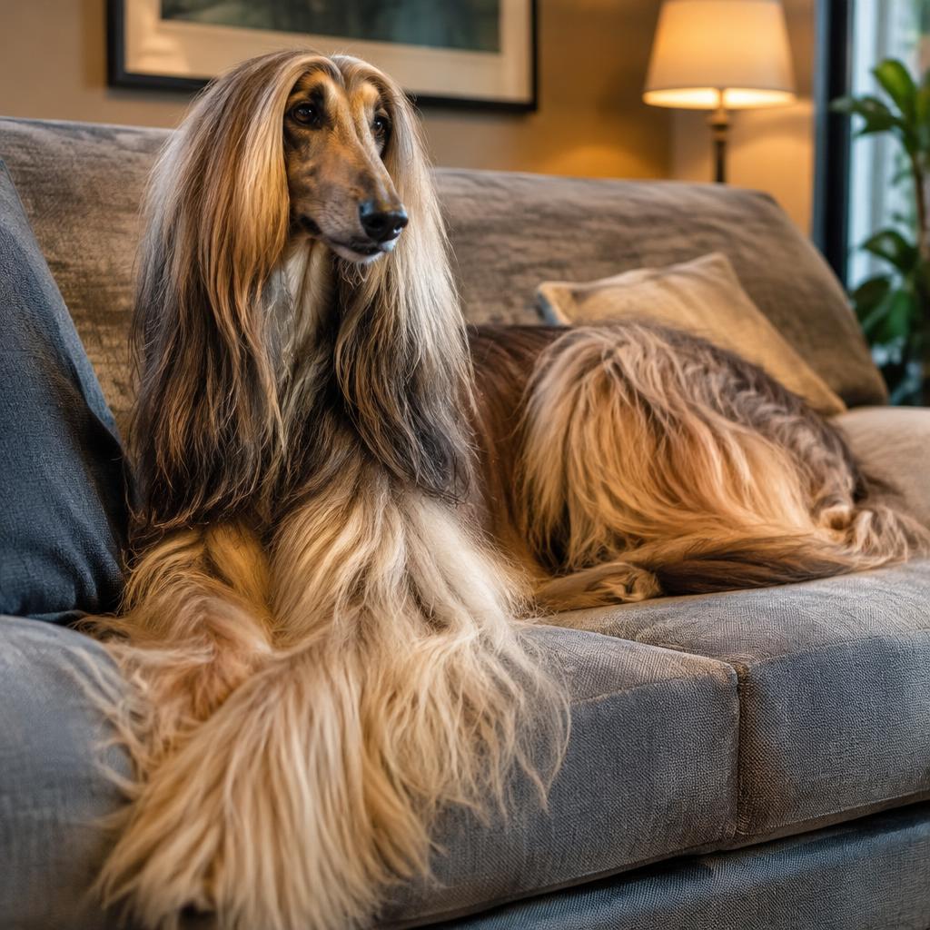 An Afghan Hound relaxing calmly at home on a soft rug.