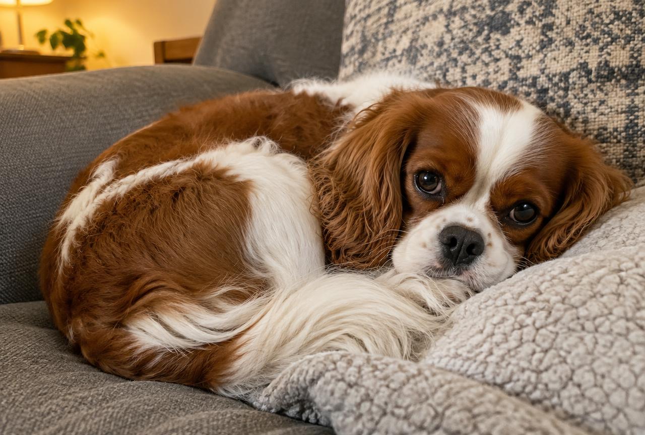 A Cavalier King Charles Spaniel curled up on a sofa
