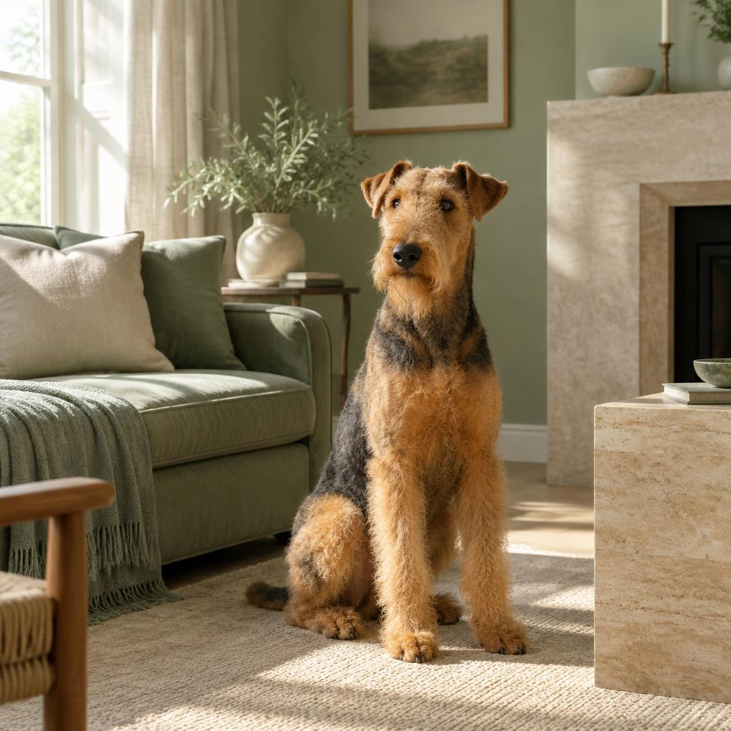 An Airedale Terrier resting calmly on its bed in a living room