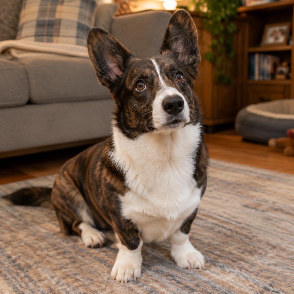 A Cardigan Welsh Corgi lying alert at home watching the front door