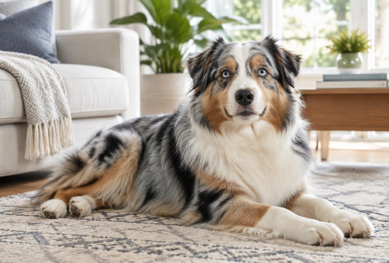 An Australian Shepherd sitting calmly in a modern living room