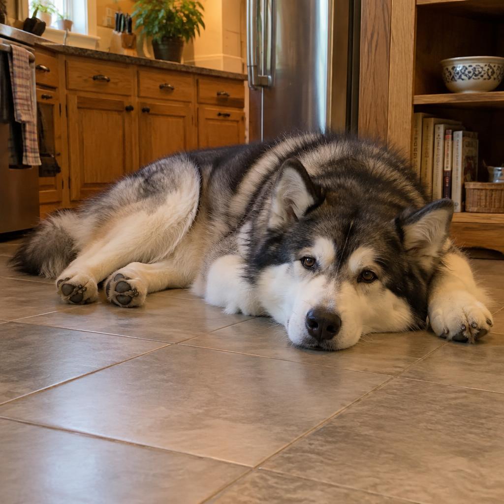 An Alaskan Malamute relaxing at home with its family