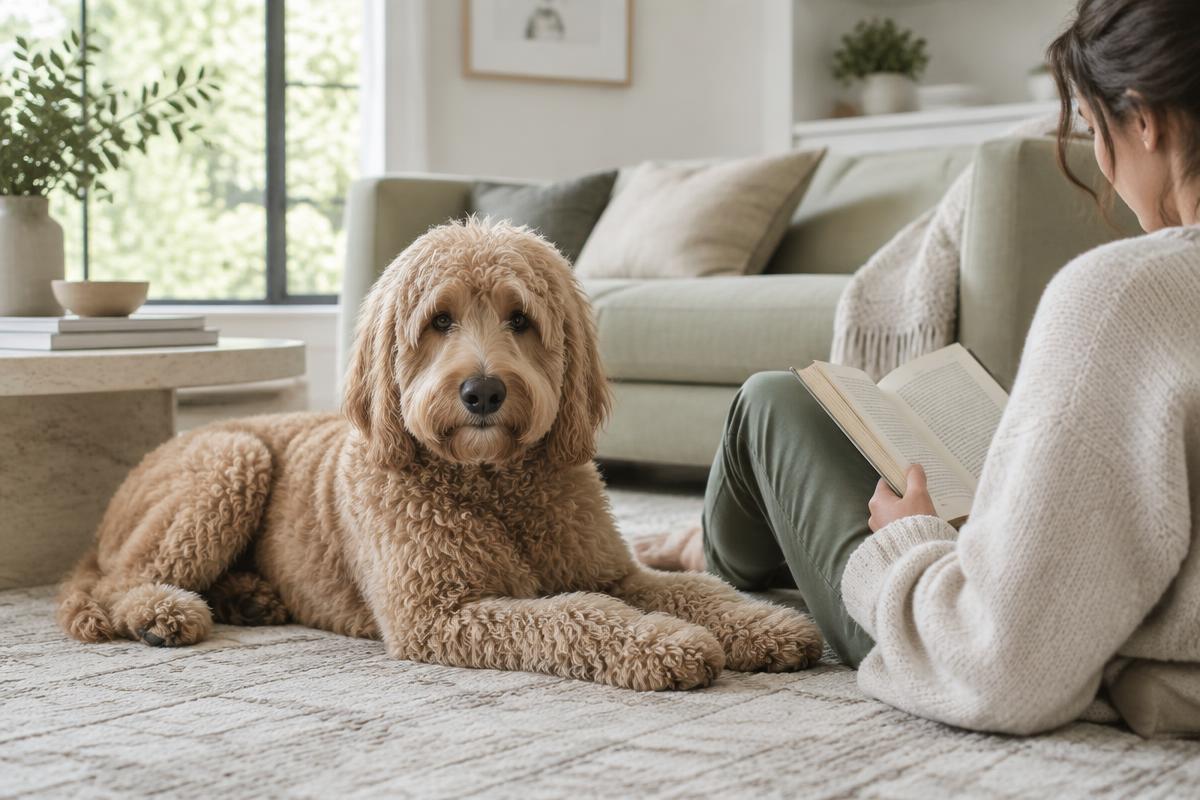 A Goldendoodle lying relaxed at home beside its owner