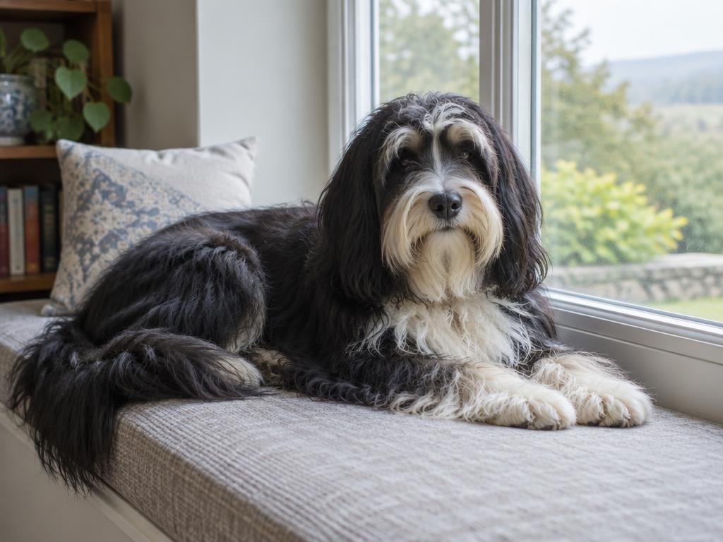 A Tibetan Terrier resting on a window seat in a quiet home