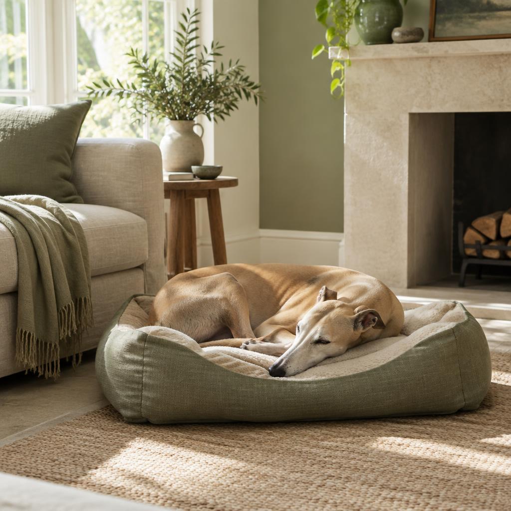 A Greyhound stretched out asleep on a large, soft sofa.