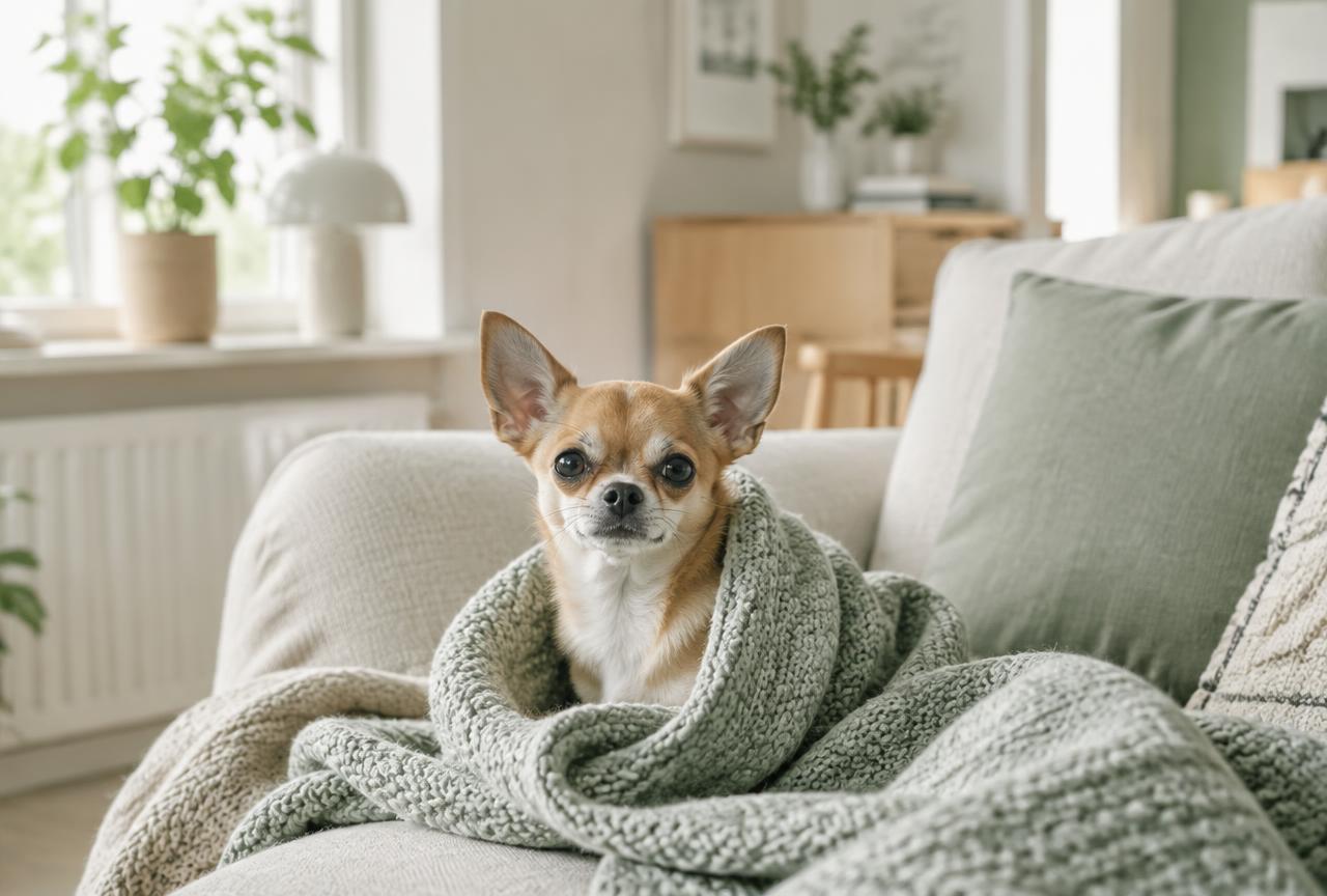 A Chihuahua curled up on a lap indoors