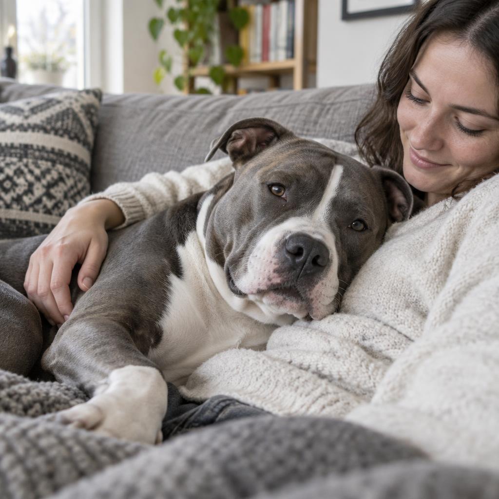 An American Staffordshire Terrier lying beside its owner on a sofa
