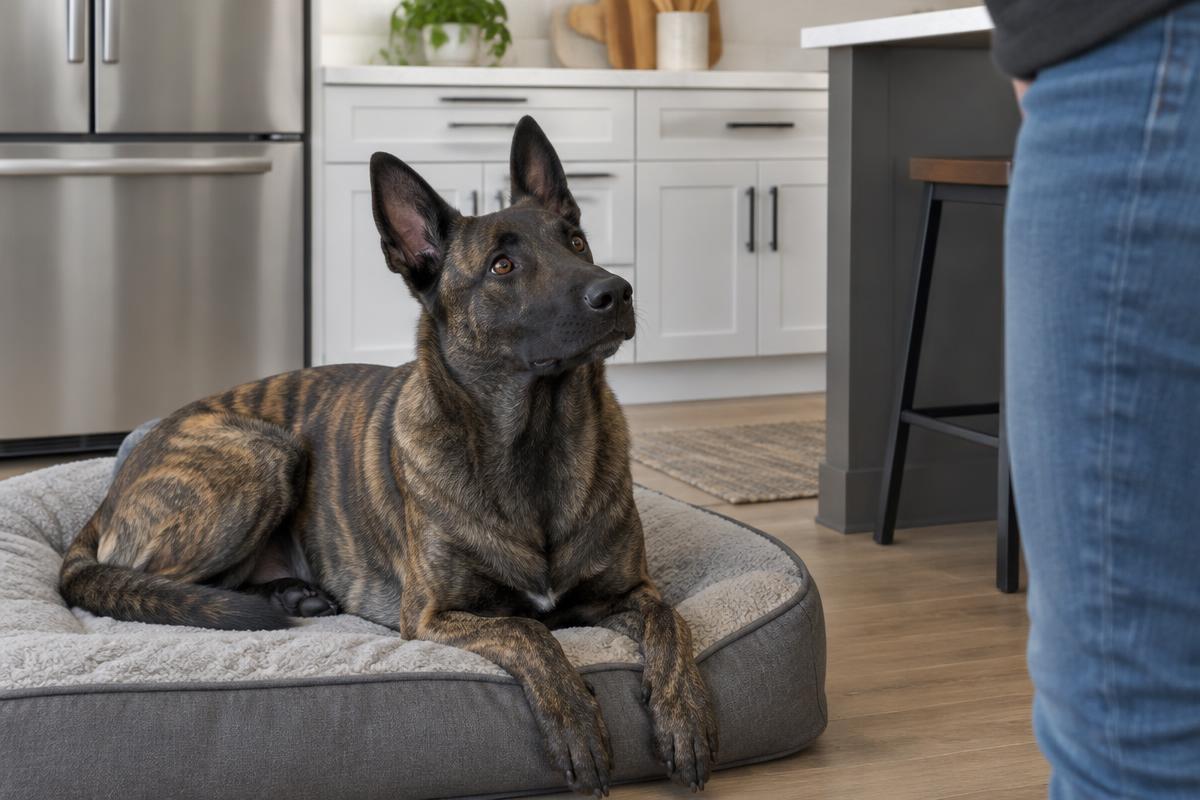 A brindle Dutch Shepherd resting on a dog bed in a kitchen, watching its owner