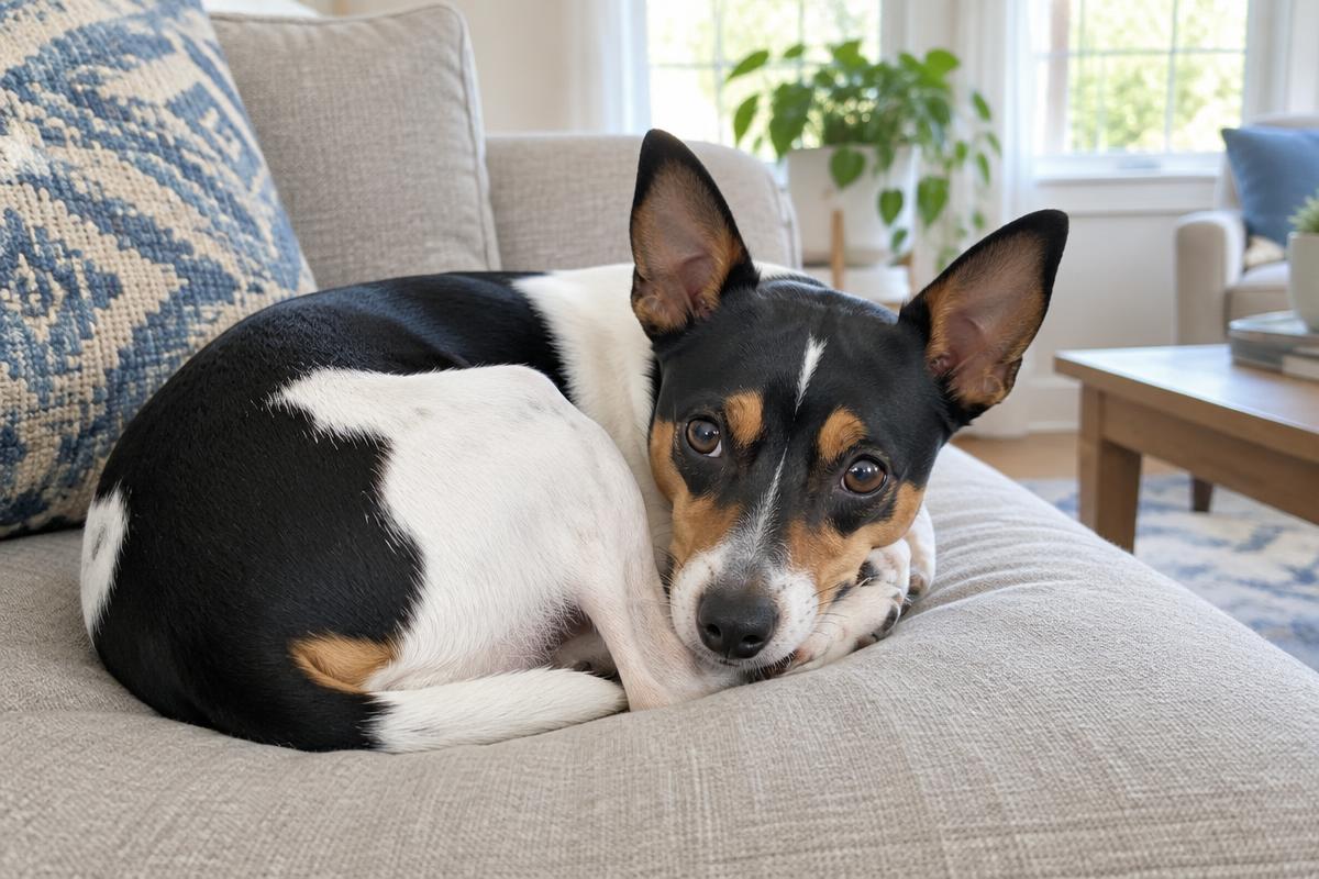 A Rat Terrier curled up on a sofa cushion in a bright living room