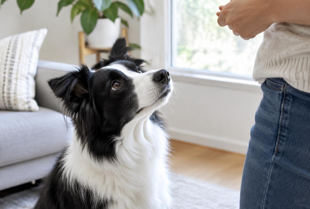 A Border Collie watching its owner attentively indoors