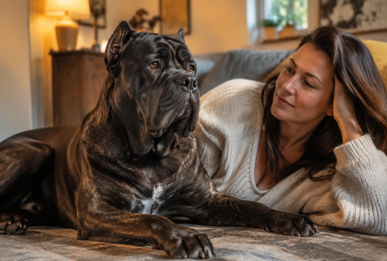 A Cane Corso resting calmly indoors with its owner nearby