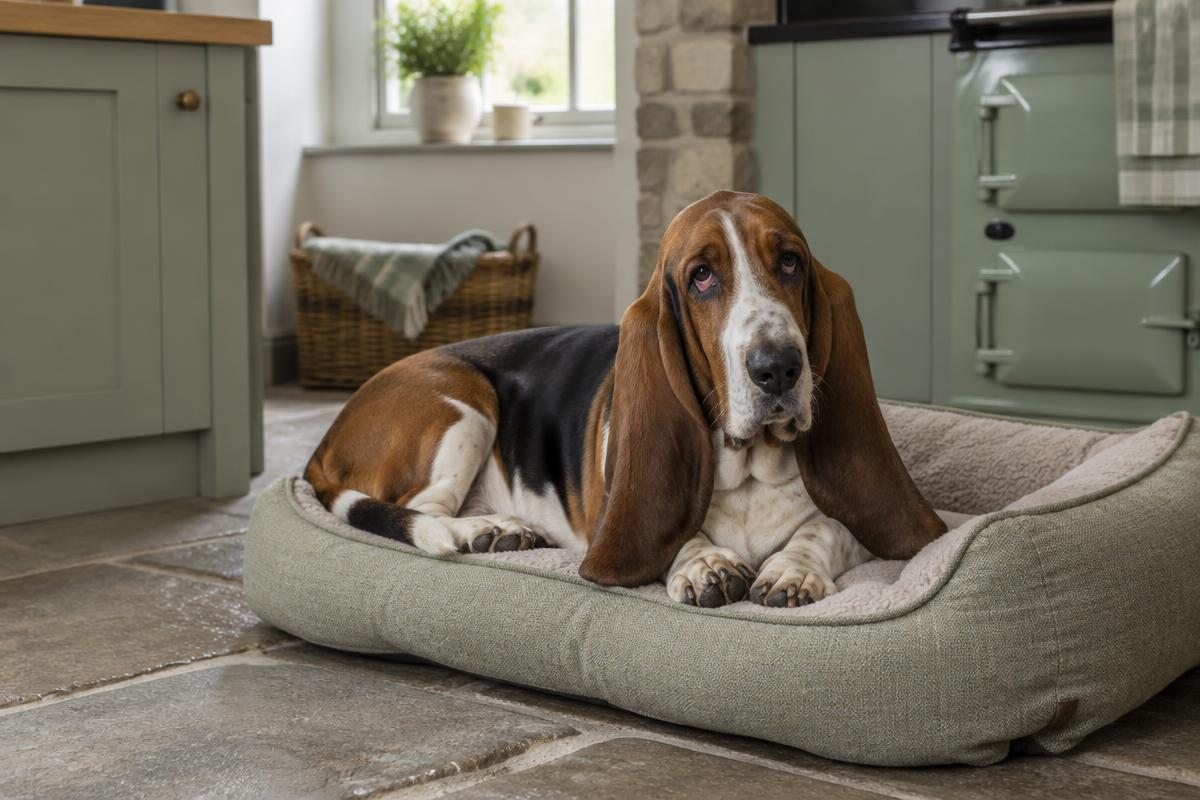 A Basset Hound resting on a dog bed at home
