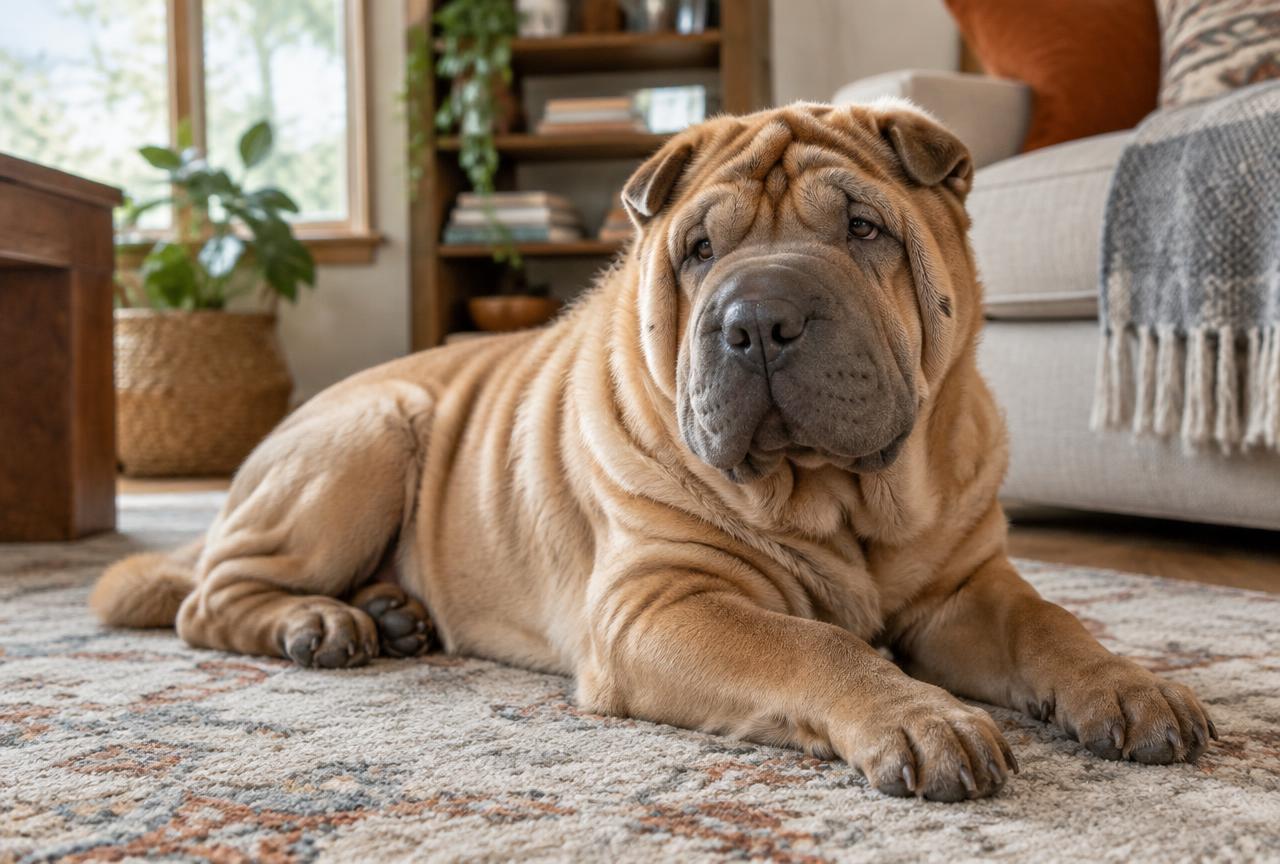 A Shar Pei resting at home with its wrinkles relaxed