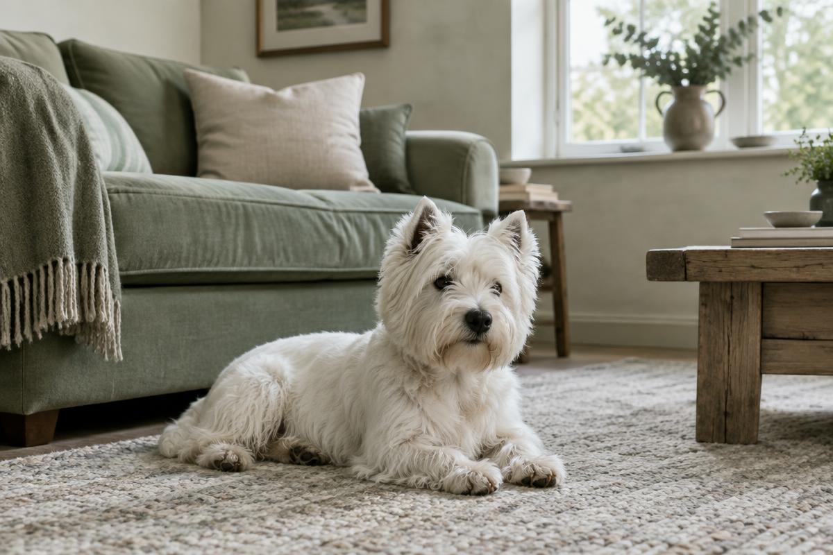 A West Highland White Terrier curled up on a sofa at home