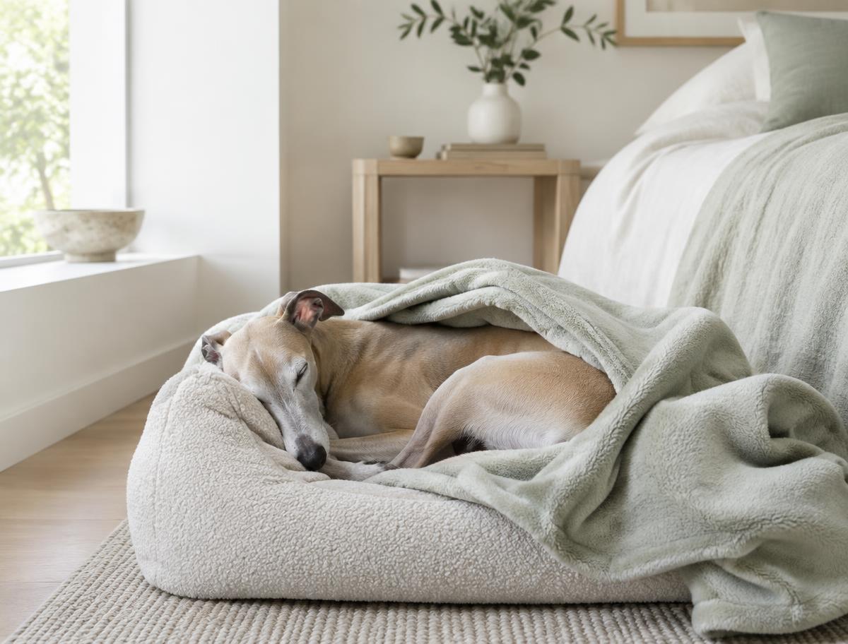 A Whippet curled up asleep under a blanket on a sofa