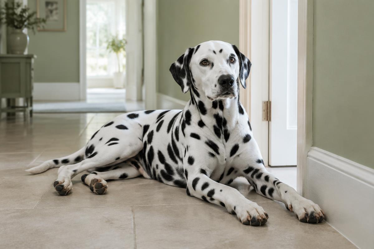A Dalmatian lying on a living room floor