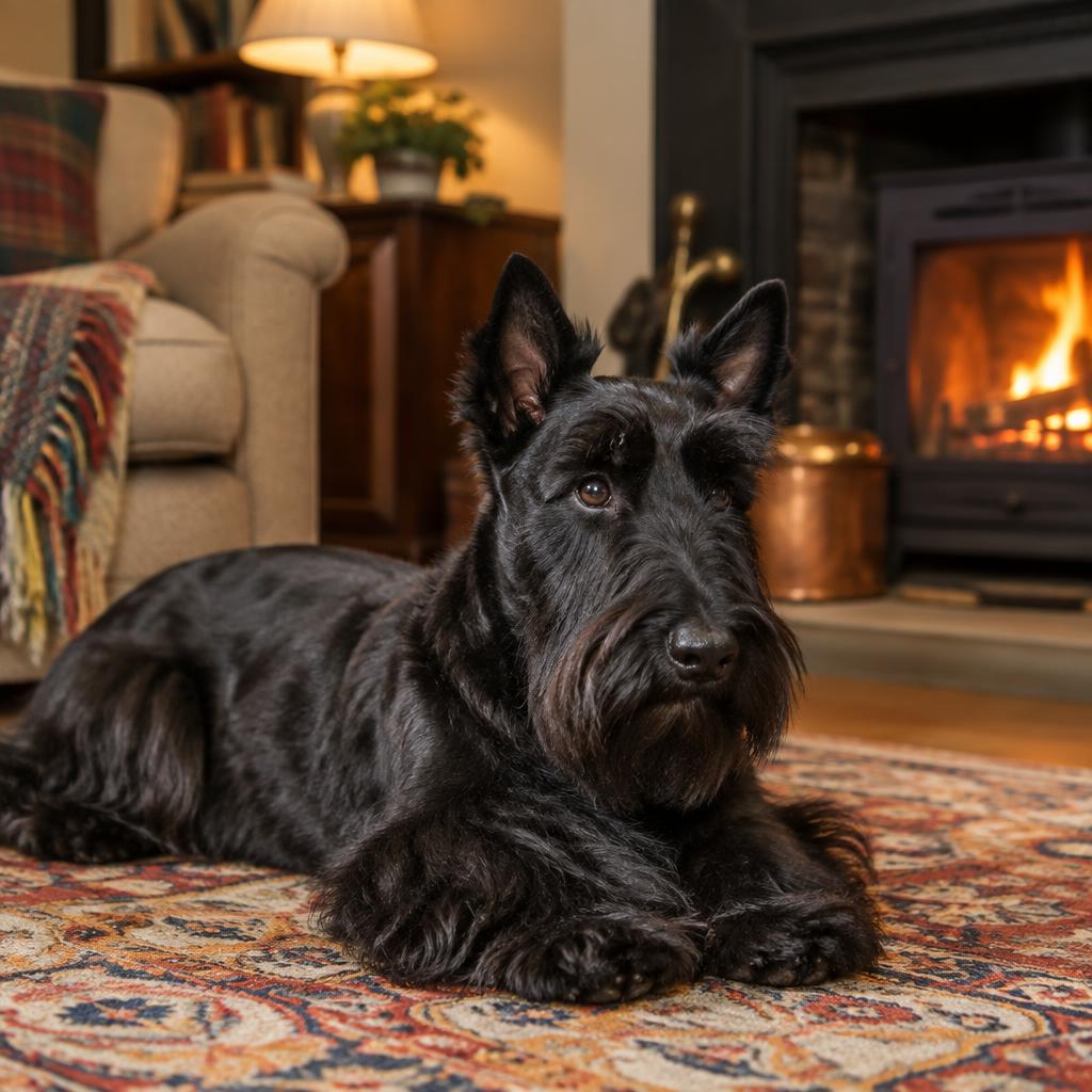 A Scottish Terrier resting on a rug at home