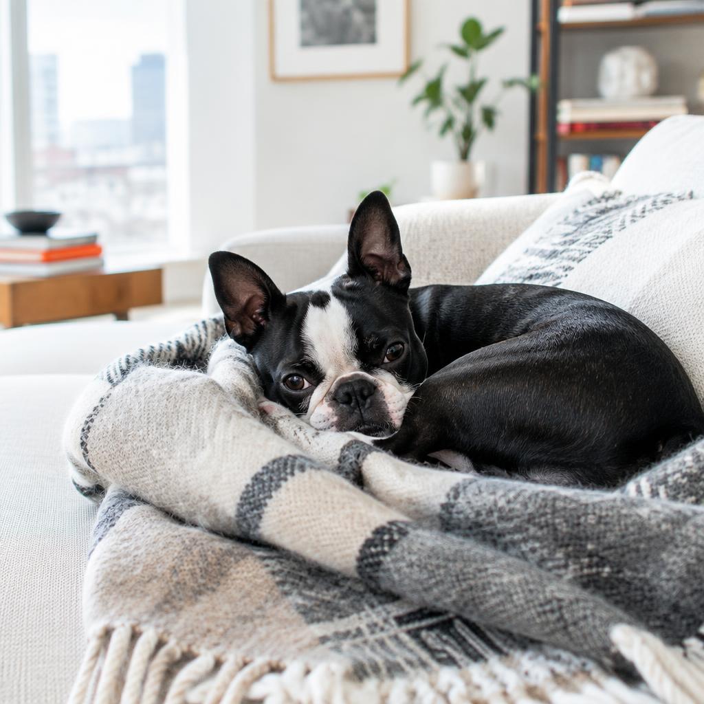 A Boston Terrier curled up on a sofa beside its owner