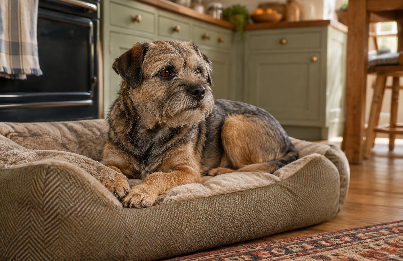A Border Terrier resting on a dog bed in a kitchen