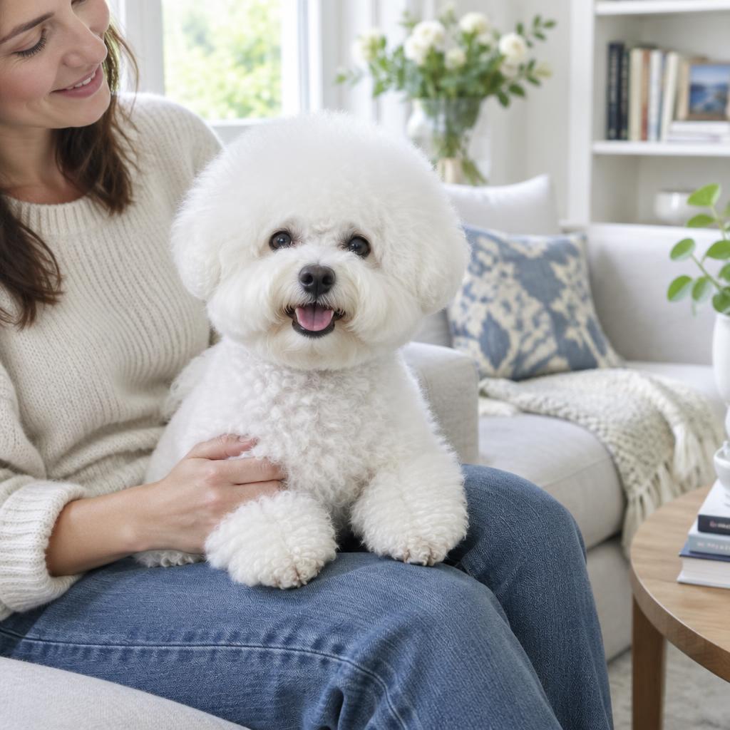A Bichon Frise sitting close beside its owner on a sofa