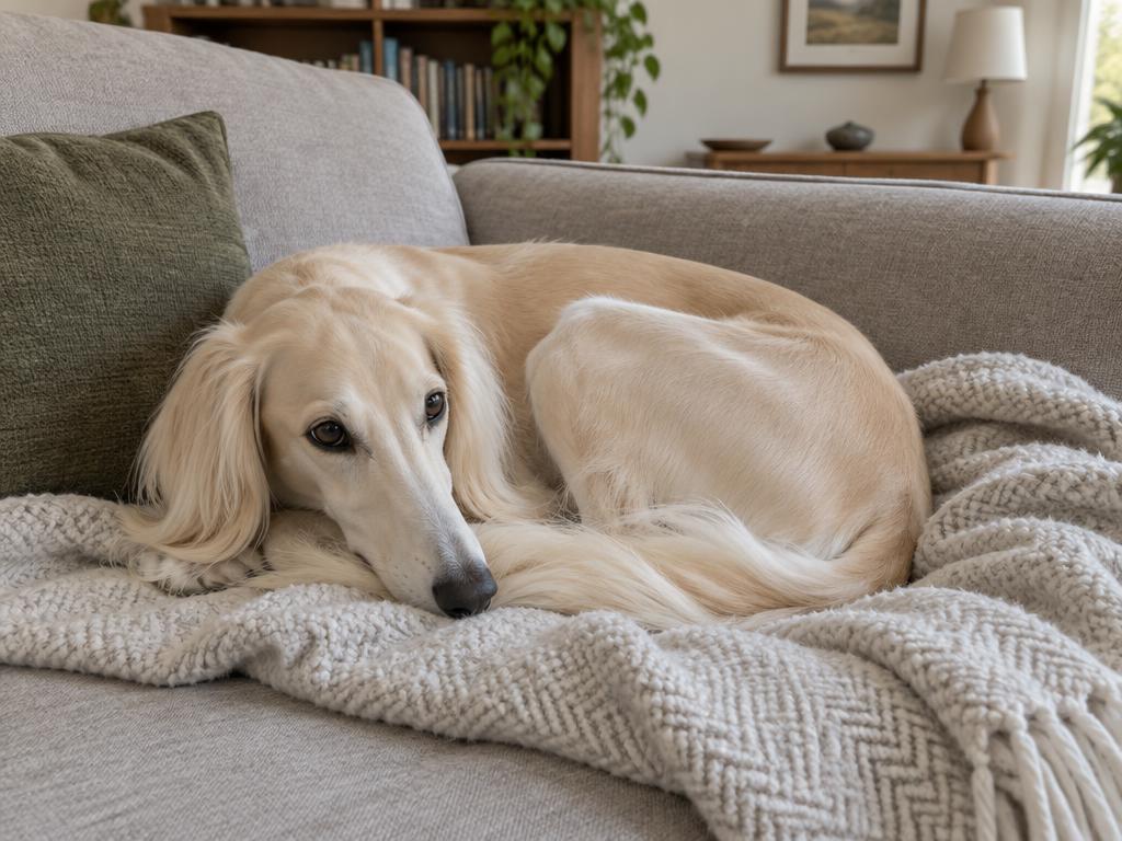 A cream Saluki curled up on a soft sofa with a blanket