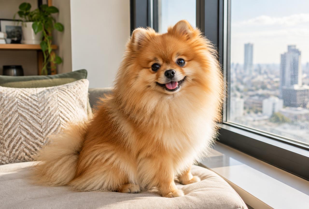A Pomeranian sitting alert on a plush armchair