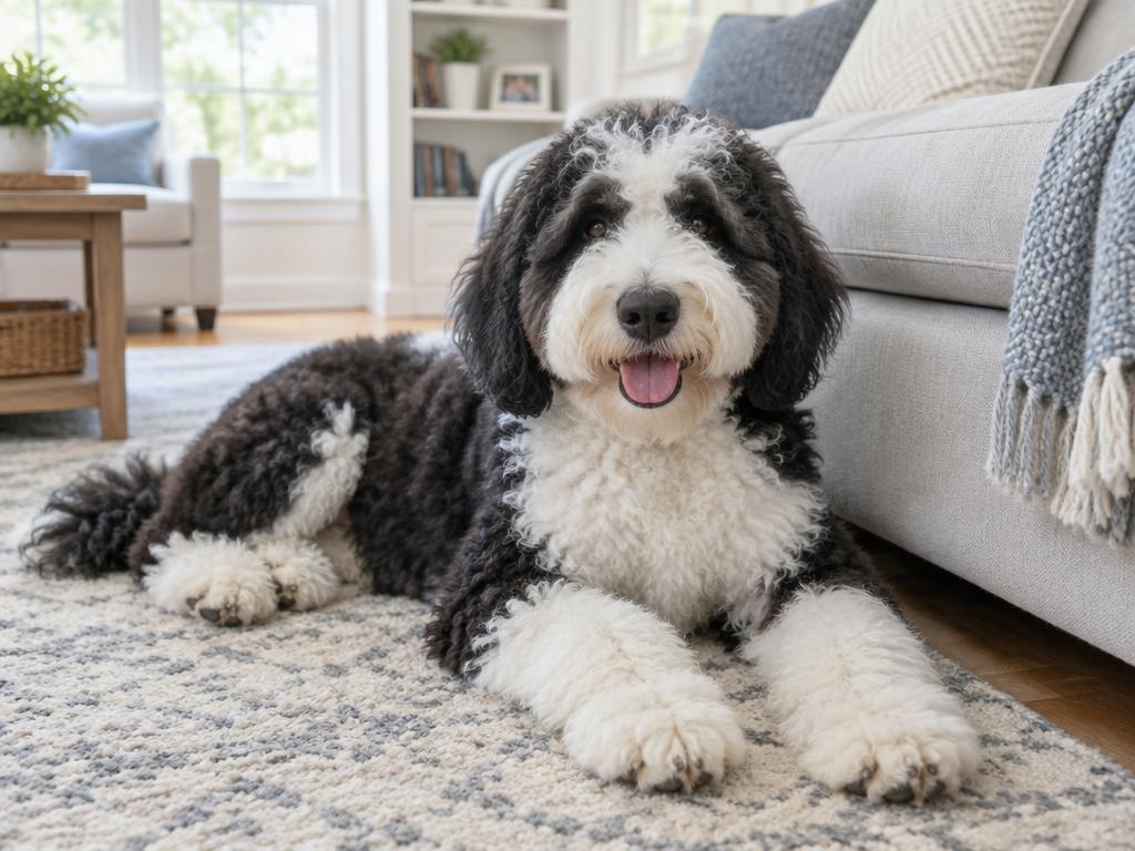 A Sheepadoodle lying on a rug in a bright family living room