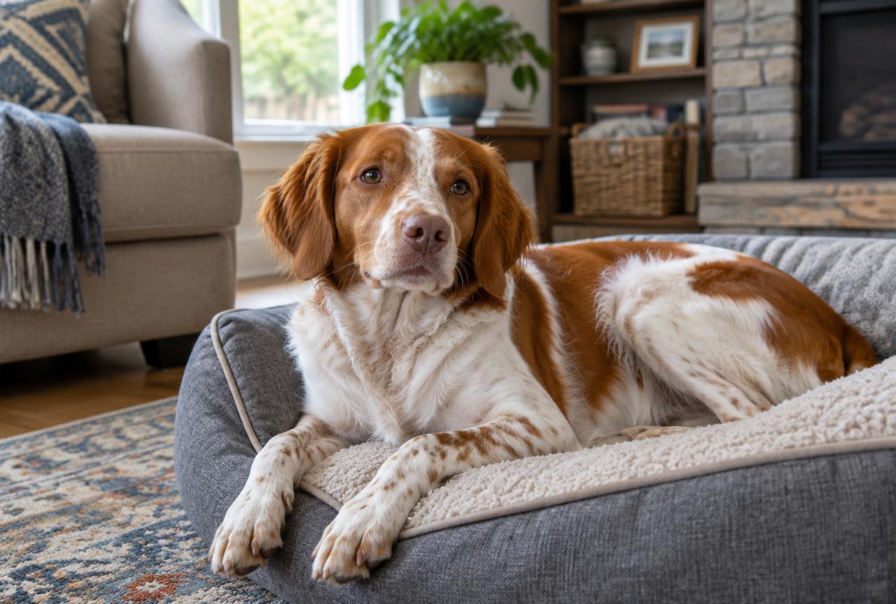 A Brittany resting at home after exercise
