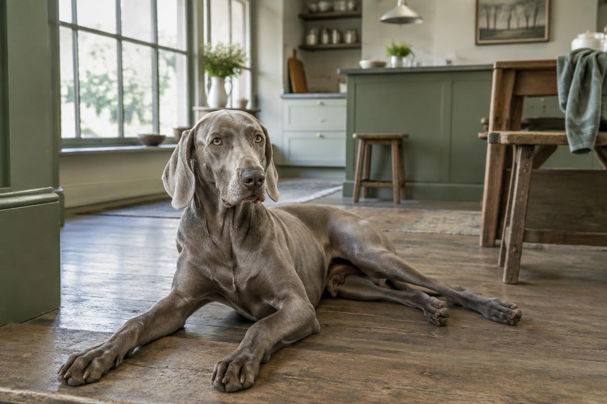 A Weimaraner lying close beside its owner on a sofa