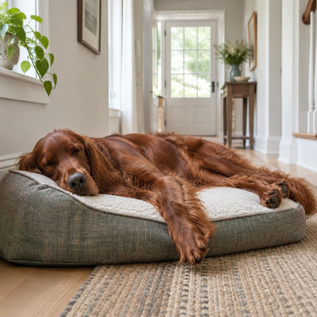 An Irish Setter resting in a living room with its family