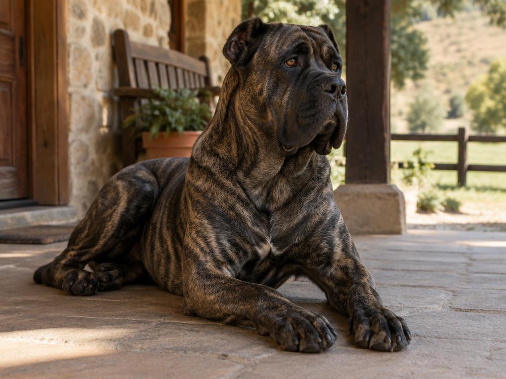A Presa Canario lying alert on a shaded porch of a rural home.