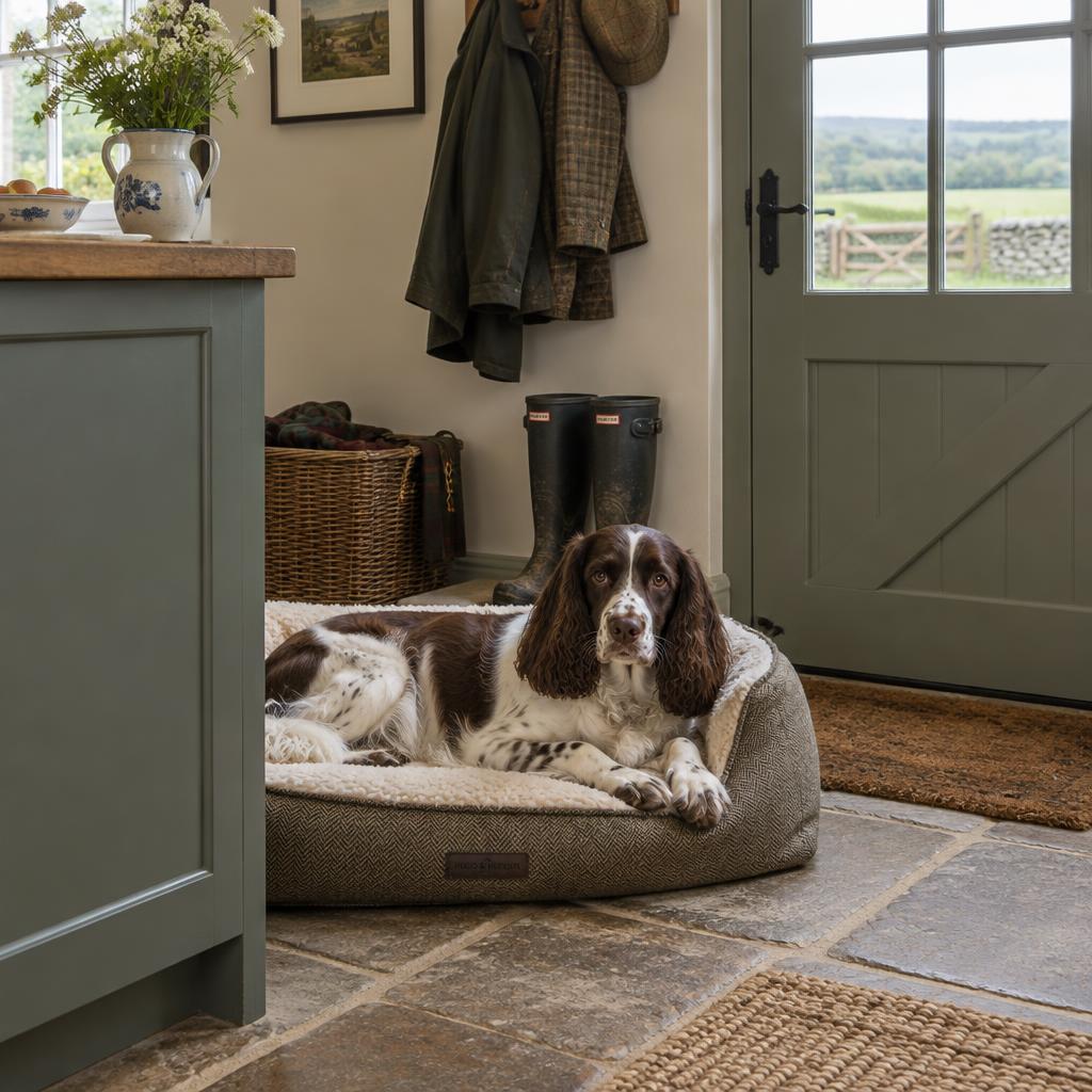 An English Springer Spaniel resting at its owner's feet indoors after a walk