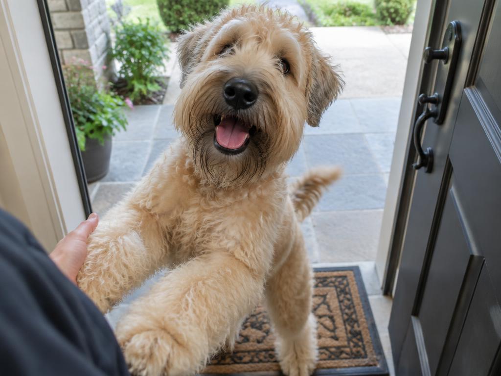A Wheaten Terrier jumping up to greet a person at the front door