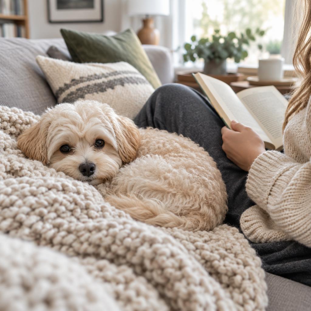 A Maltipoo curled up on a blanket beside a person reading