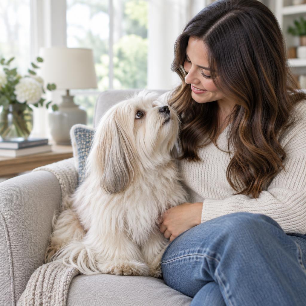 A Havanese sitting on an armchair beside its owner in a bright living room