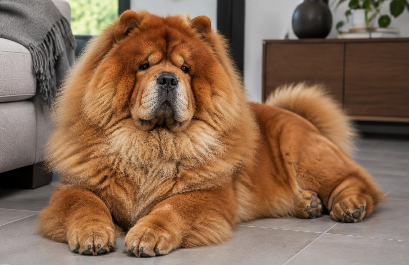 A Chow Chow lying calmly on a tiled floor at home