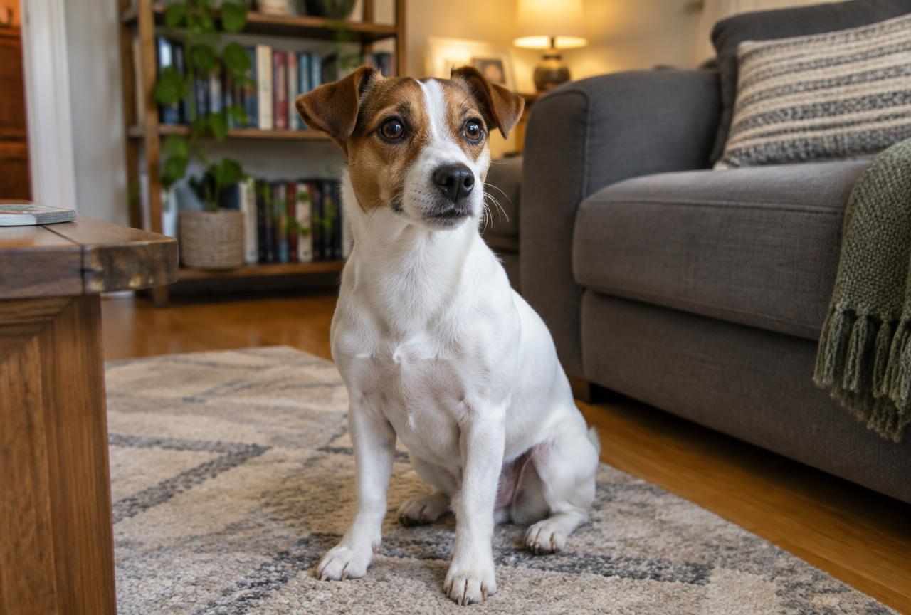 A Jack Russell Terrier sitting alert in a living room