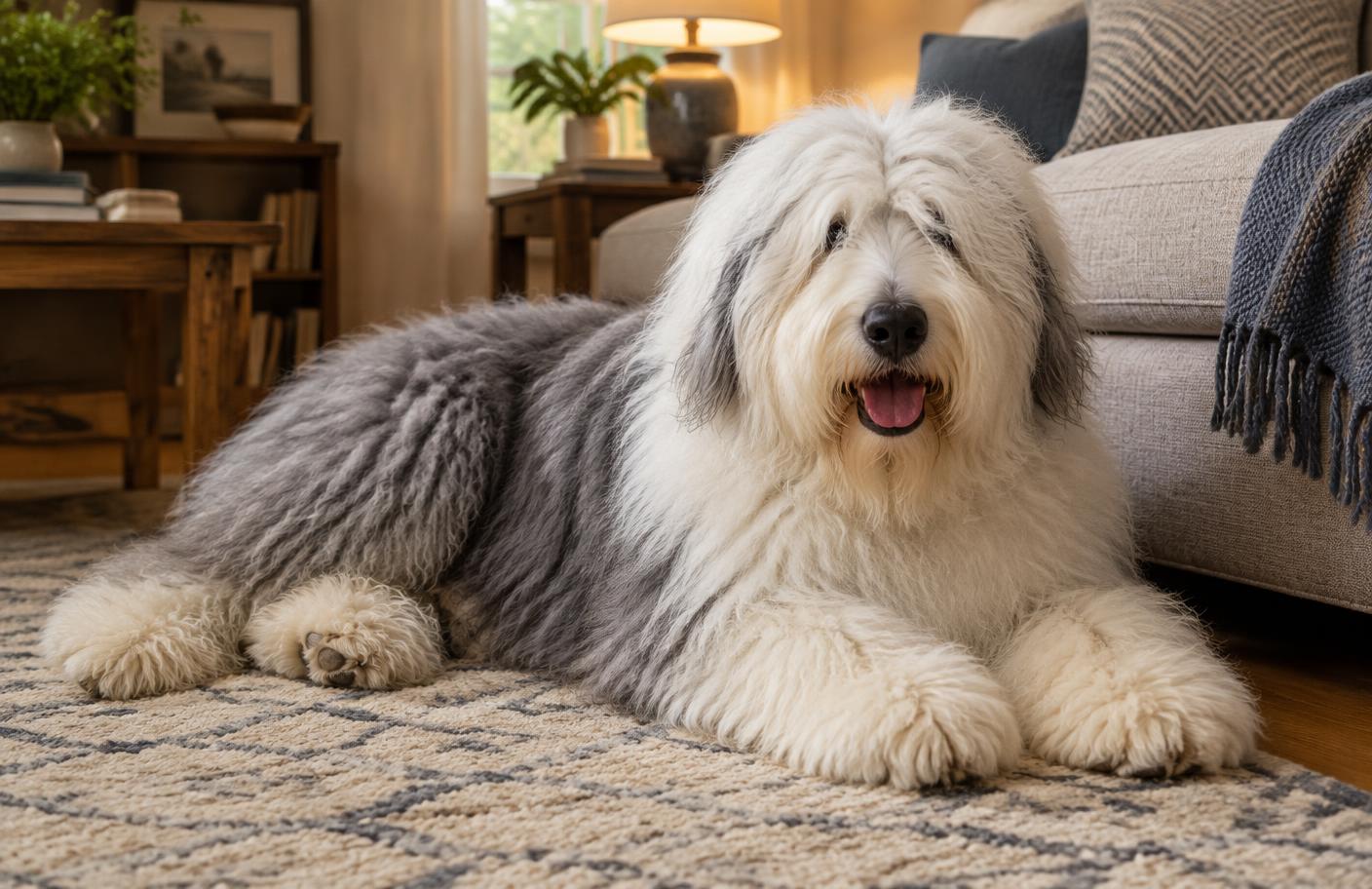 An Old English Sheepdog lying on a living room rug beside a sofa