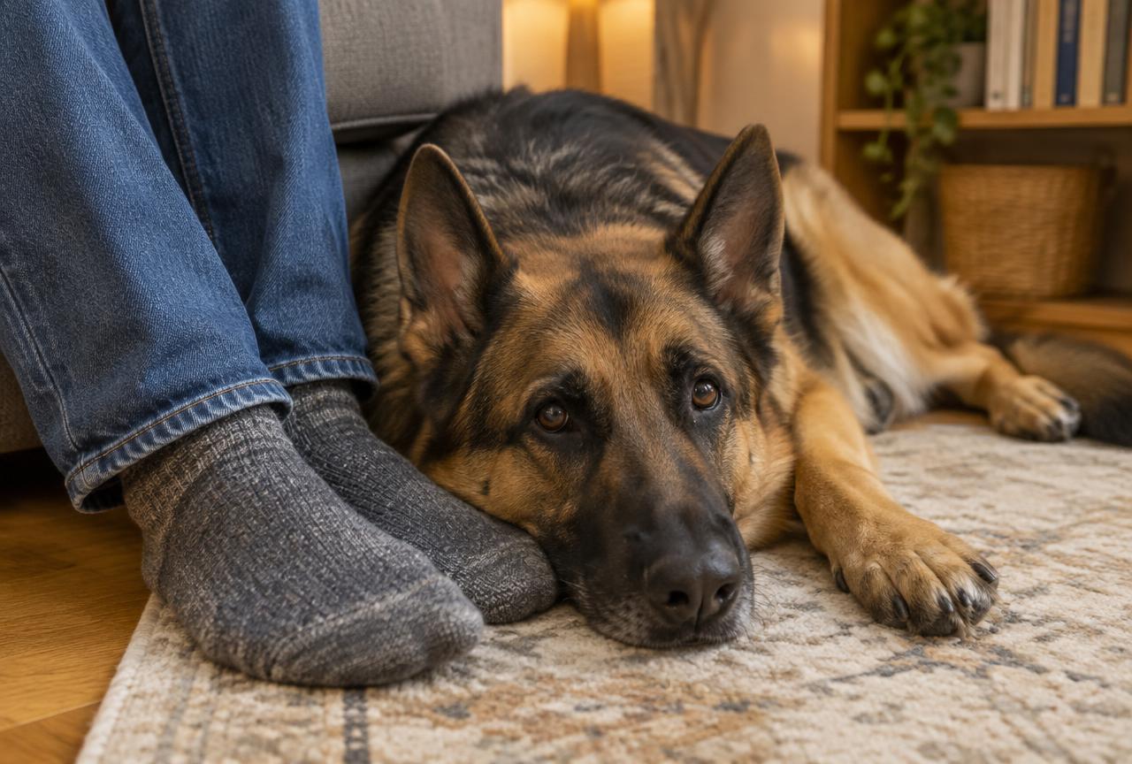 A German Shepherd lying attentively near its owner at home