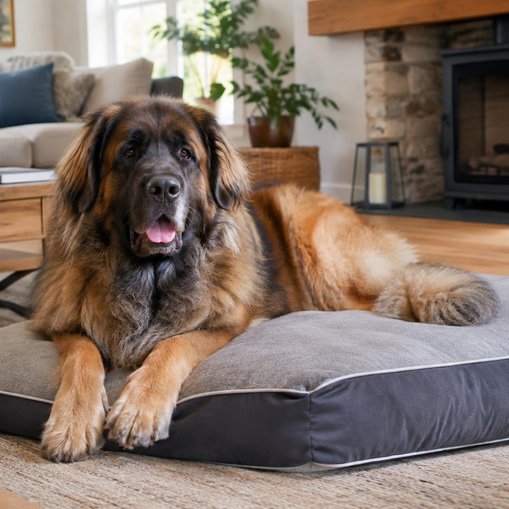 A Leonberger lying across the floor of a large living room next to its owner's feet.