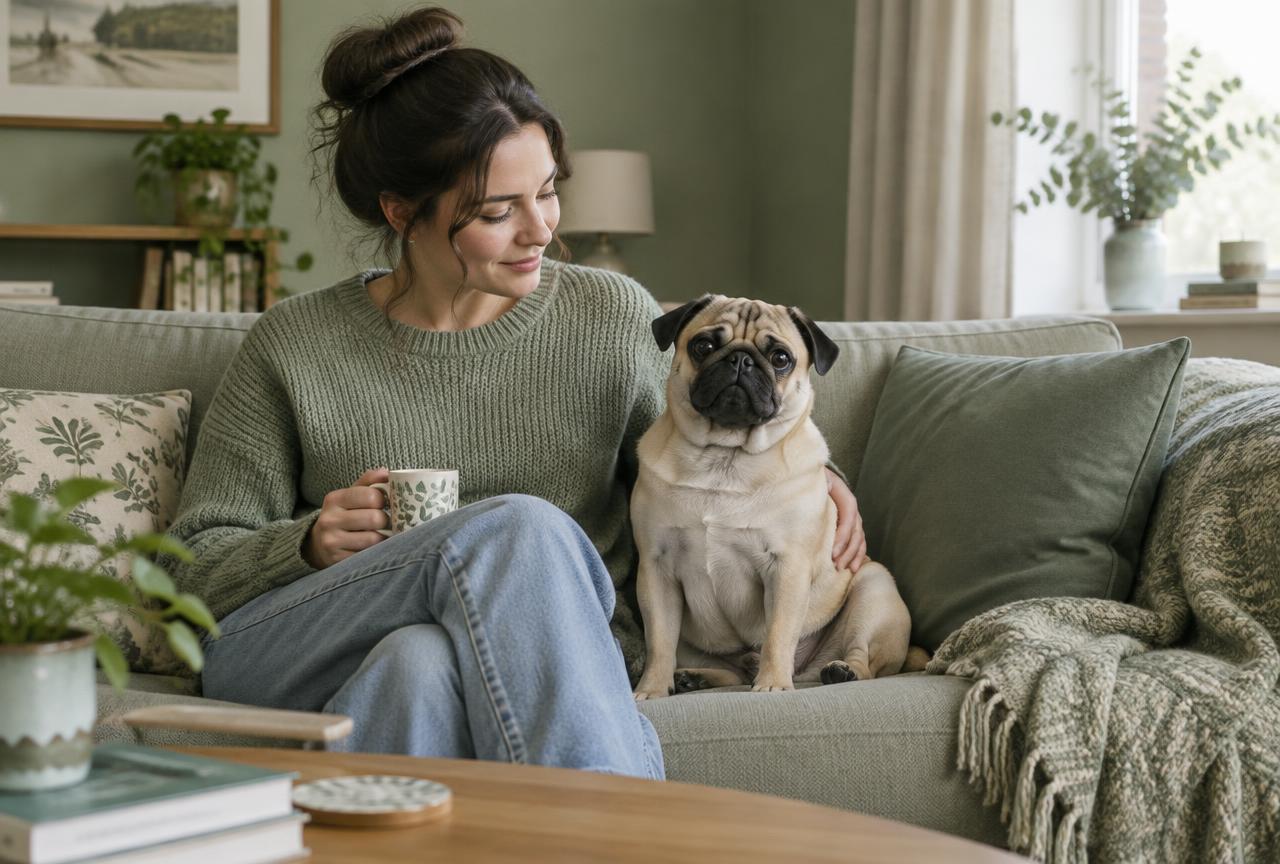 A Pug resting on a cool floor indoors