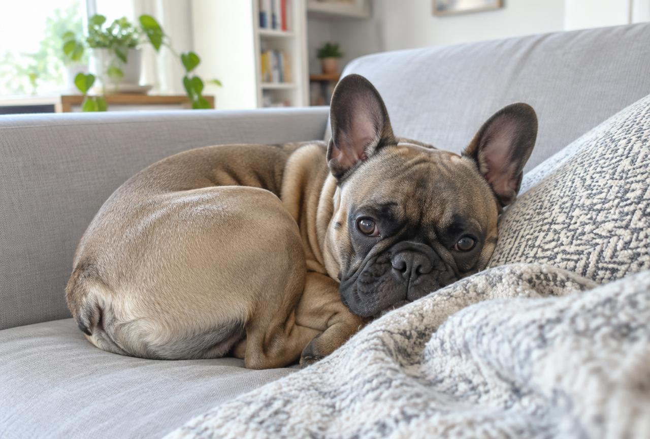 A French Bulldog resting on a sofa beside its owner