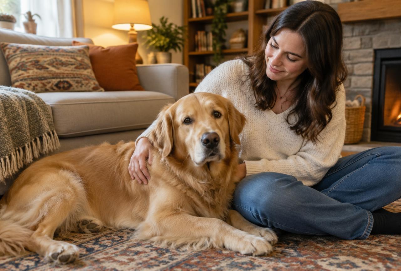 A Golden Retriever resting affectionately beside its owner indoors.